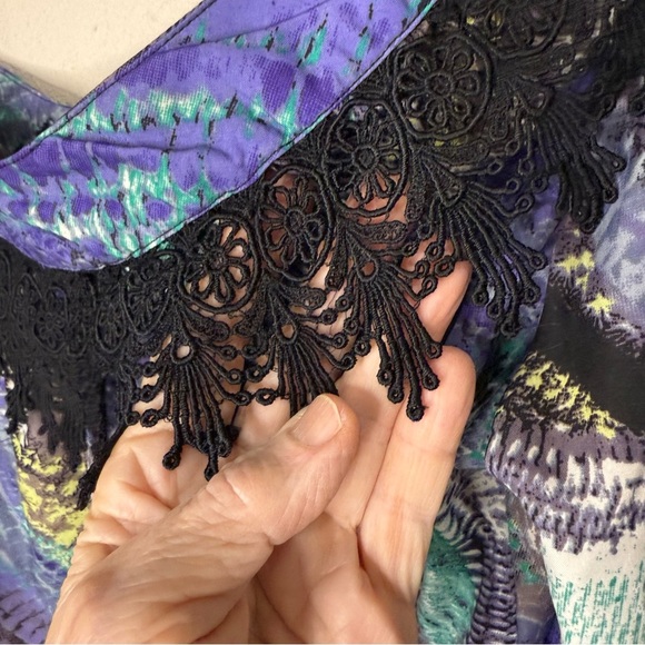 Angie One Shoulder Top Purple Abstract Print Black Fringe Women’s Size Small - Picture 4 of 11